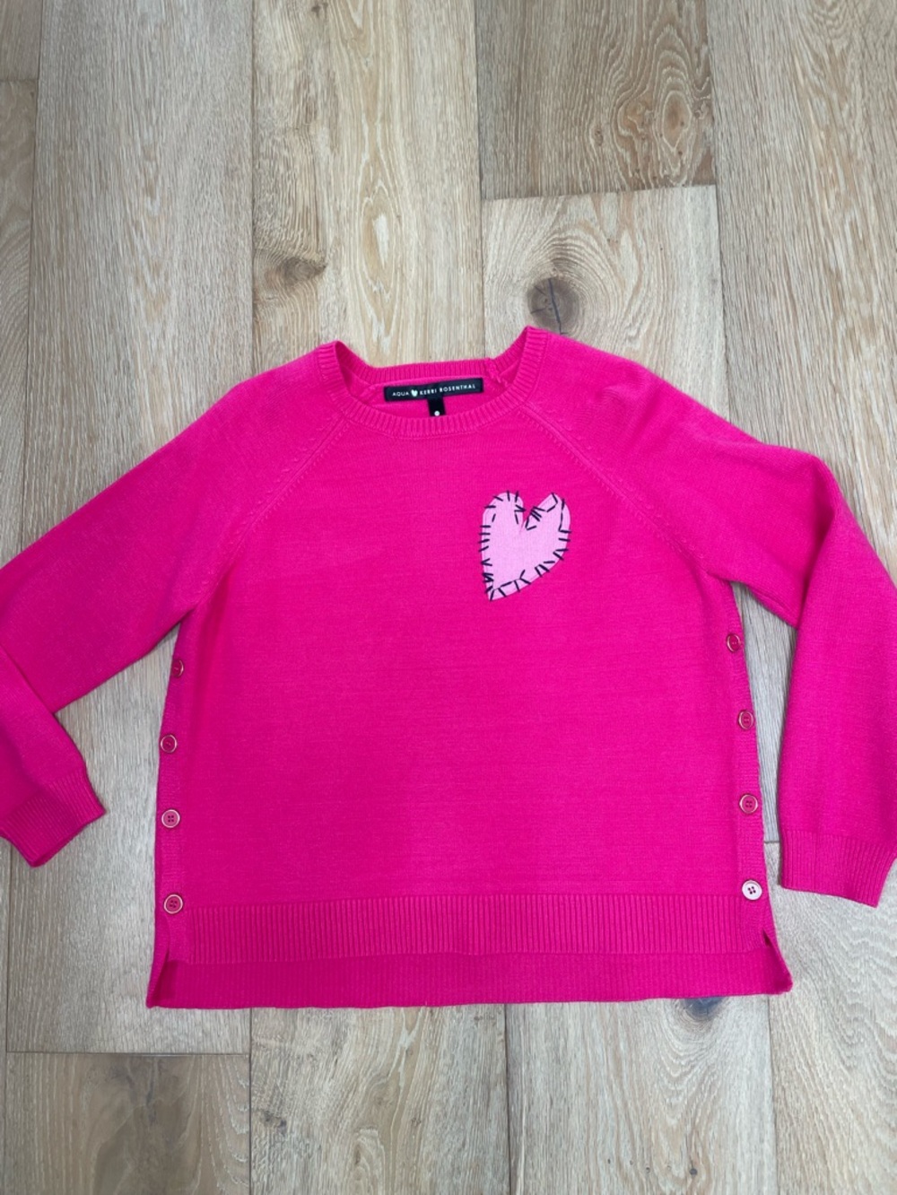 Kerri Rosenthal Aqua Fuchsia Crewneck Sweater with Heart Patch size XS Womens